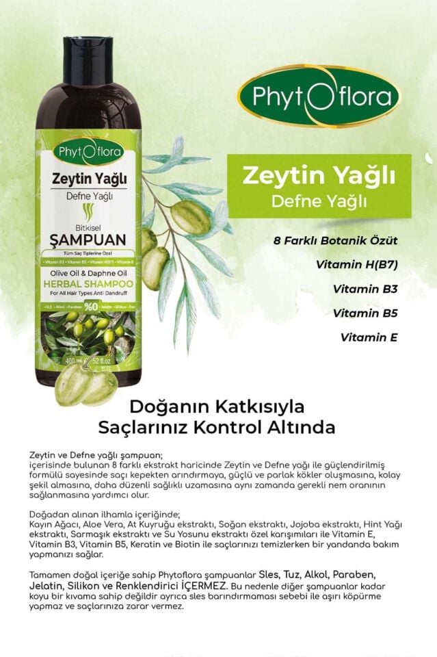 PhytOFlora Zeytinyağlı Bitkisel Şampuan 400 ml - Tüm Saç Tipleri İçin