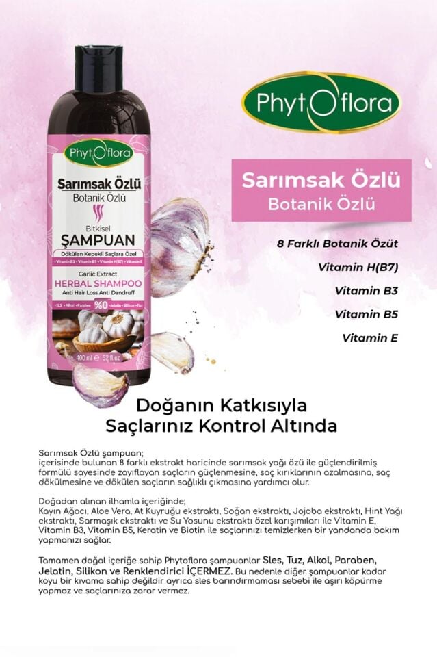 PhytOFlora Sarımsak Özlü Bitkisel Şampuan 400ml - Dökülen ve Kepekli Saçlara Özel