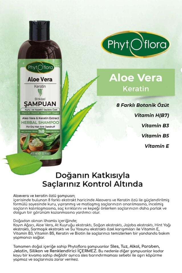 PhytOFlora Aloe Vera Ve Keratin Ilaveli Bitkisel Şampuan 400 ml - Kuru ve Kepekli Saçlara Özel