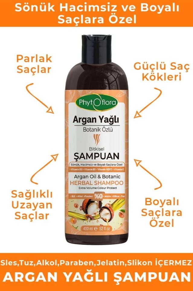 PhytOFlora Argan Yağlı Bitkisel Şampuan 400ml - Sönük Hacimsiz ve Boyalı Saçlara Özel