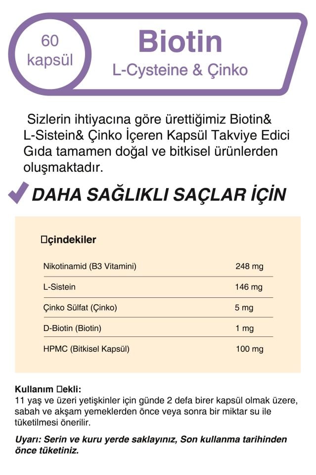 Mindivan Biotin & L-Sistein & Çinko 60 Kapsül - Kapsül Gıda Takviyesi